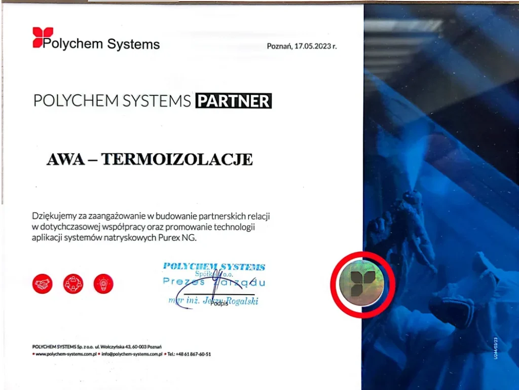 Certyfikat POLYCHEM SYSTEMS PARTNER dla AWA Termoizolazcje