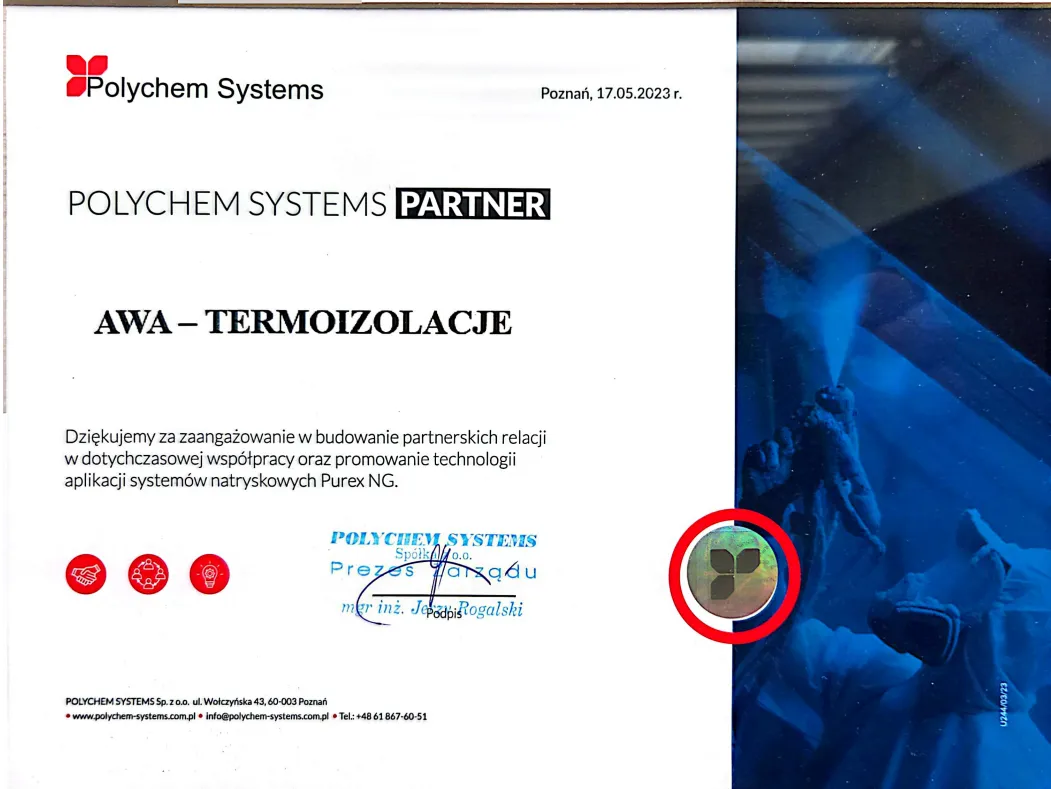 Certyfikat POLYCHEM SYSTEMS PARTNER dla AWA Termoizolazcje