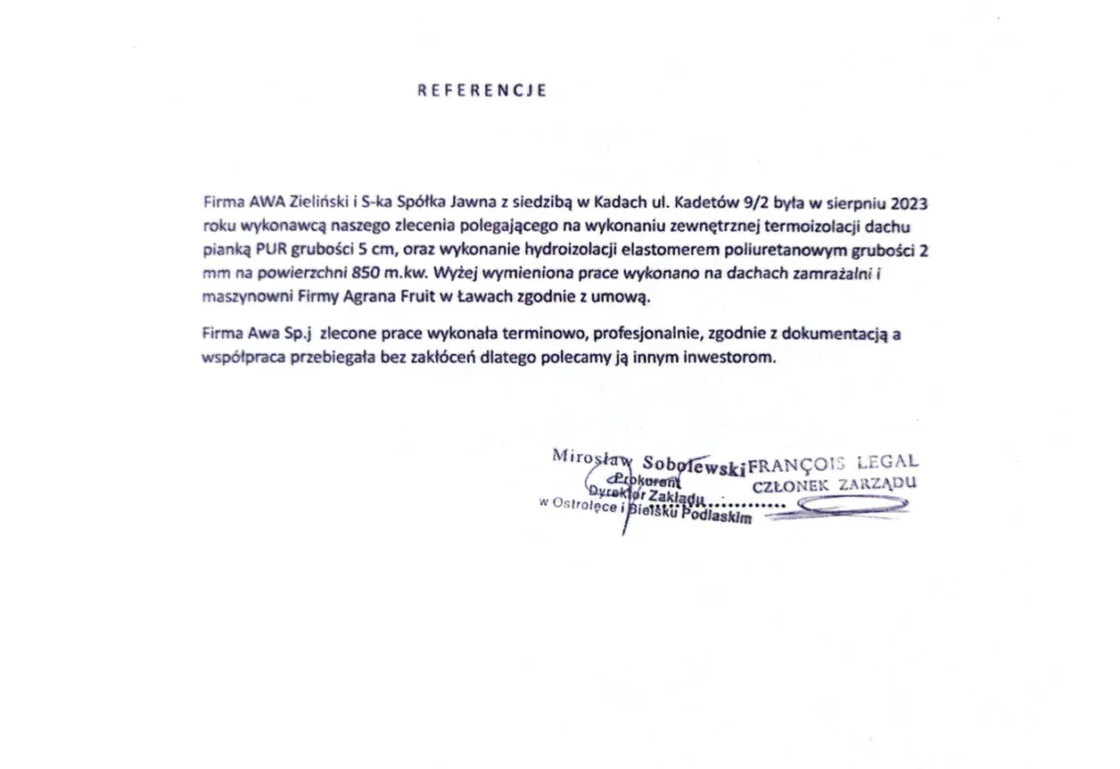 Referencje dla firmy AWA TERM